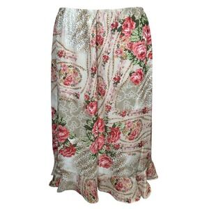 Floral Animal Print Ruffle Hem Midi Skirt Beige Pink Large Rose Leopard Coquette